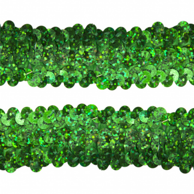Тесьма с пайетками D4, шир. 30 мм/уп. 25+/-1 м, цвет зелёный - купить в Таганроге. Цена: 1 098.48 руб.